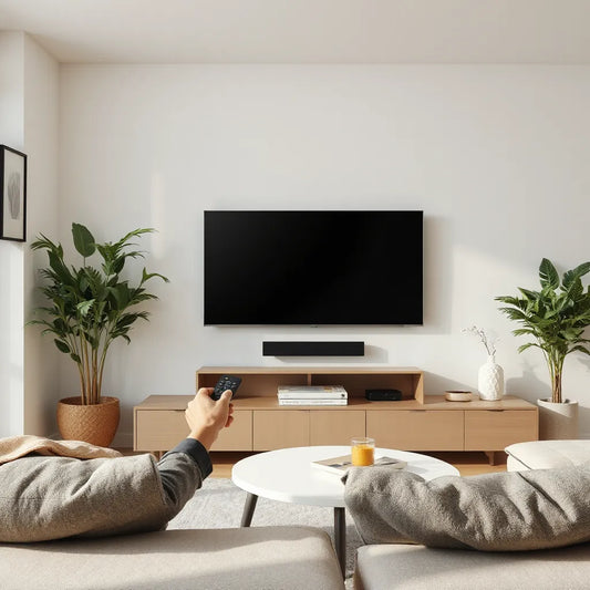 Person speaking to a smart TV while using a voice-enabled remote in a bright living room