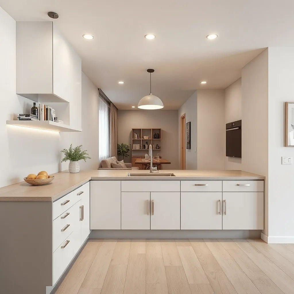 Modern modular kitchen with integrated cabinets, countertop, and warm pendant lighting