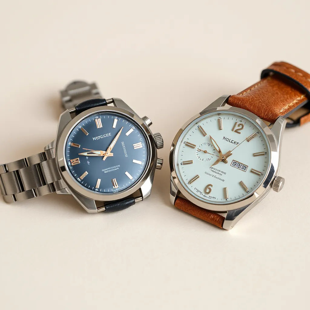 Stainless and leather quartz watches with visible crown and crystal on a neutral background