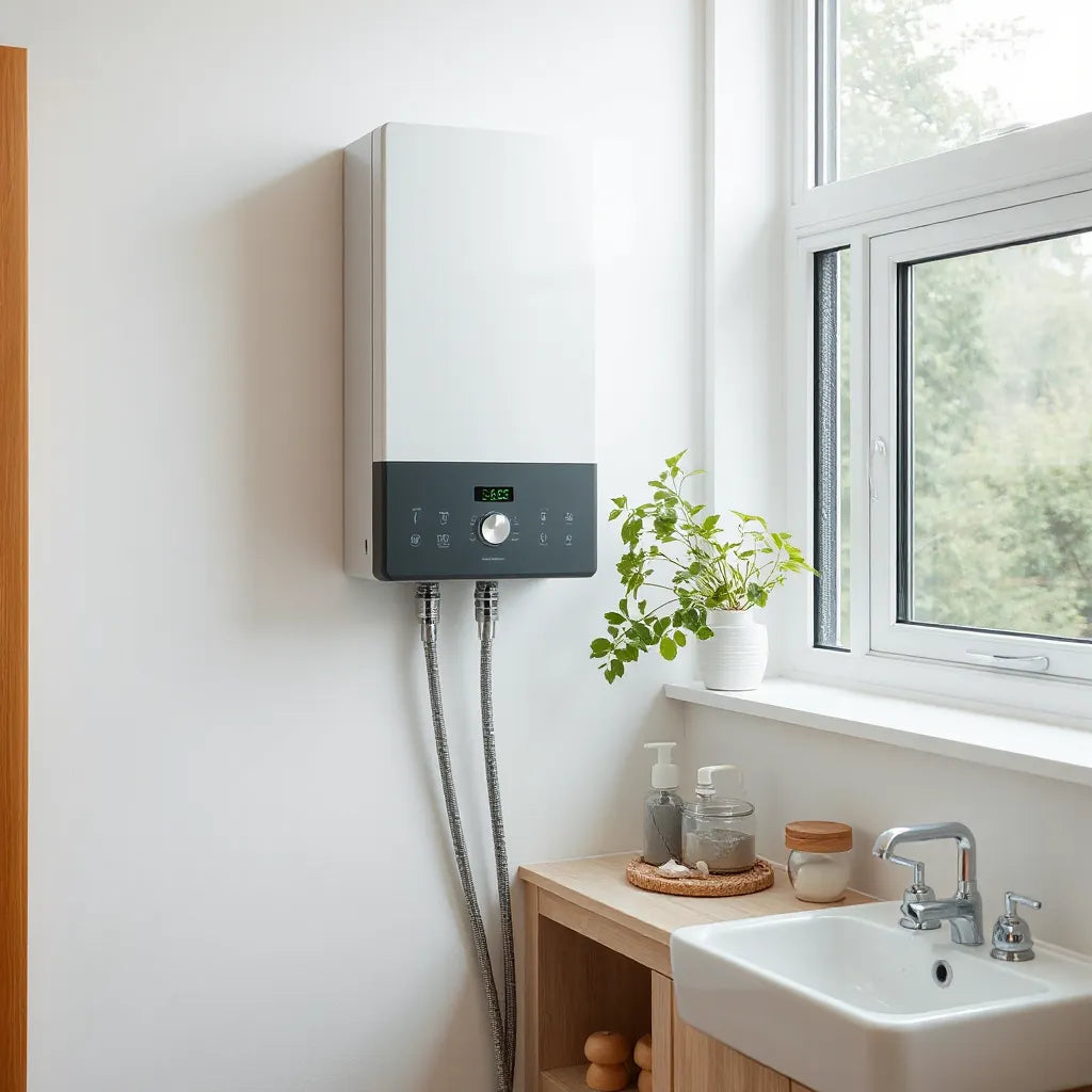 Modern eco-friendly geyser mounted on a clean wall with a visible water tap and soft natural light