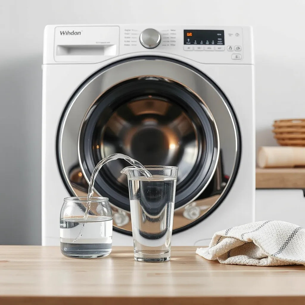Modern washer in a bright laundry room with a water measuring cup suggesting lower water use