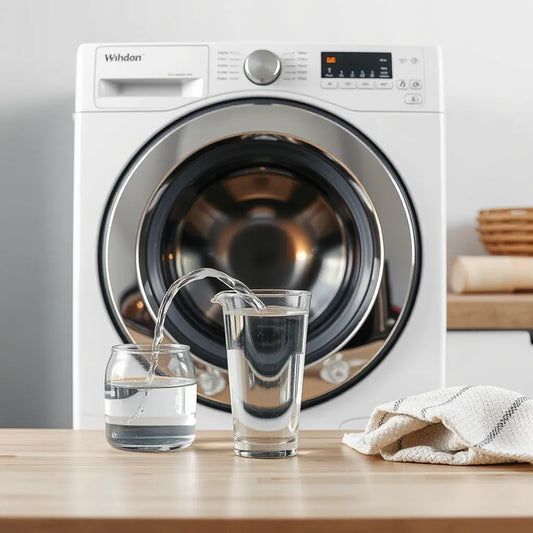 Modern washer in a bright laundry room with a water measuring cup suggesting lower water use