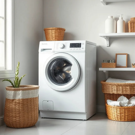 Front load washing machine in a bright laundry room with a detergent shelf and laundry basket nearby