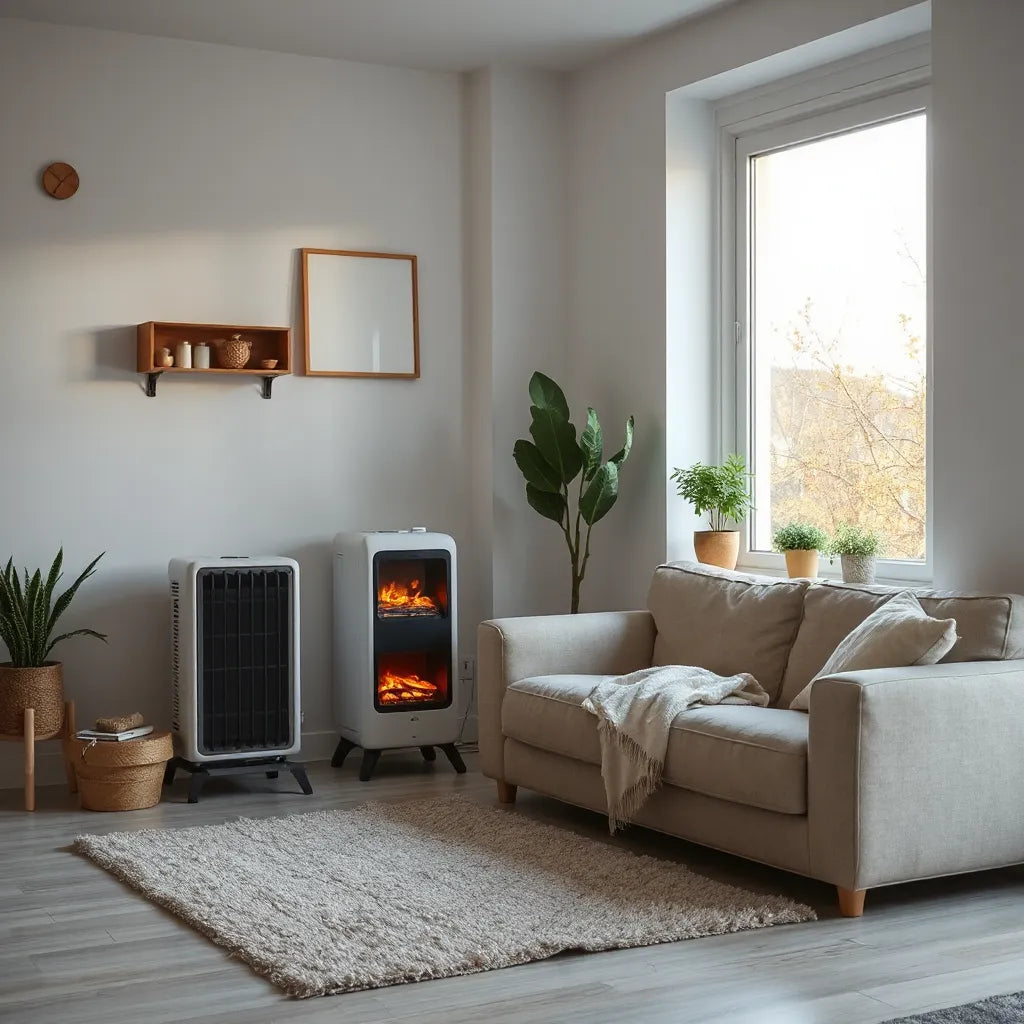 Modern energy-efficient room heater warming a cozy winter living room by a window