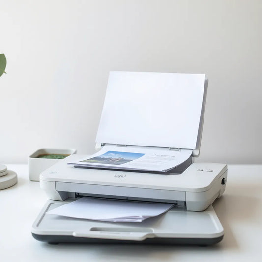 High-resolution document scanner with documents and a small photo print on a clean desk
