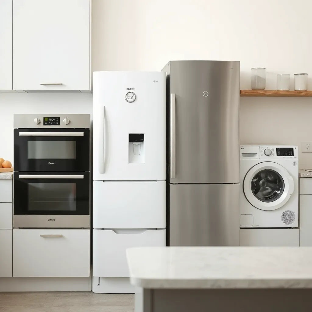 Modern kitchen featuring a set of Bosch home appliances including oven, refrigerator, dishwasher, and washer.