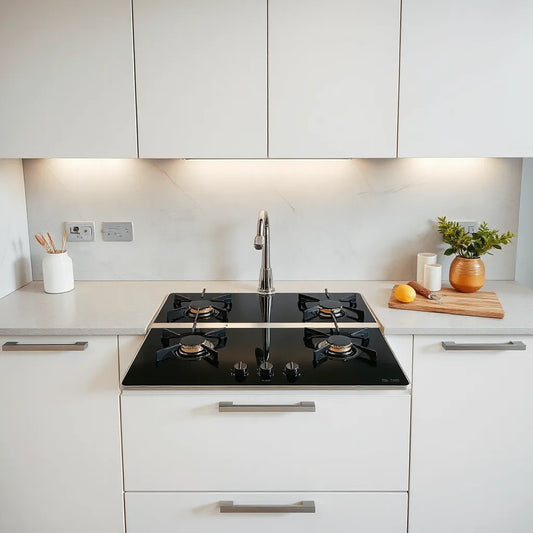 Modern modular kitchen countertop featuring a built-in hybrid gas hob with gas burners and an electric heating zone