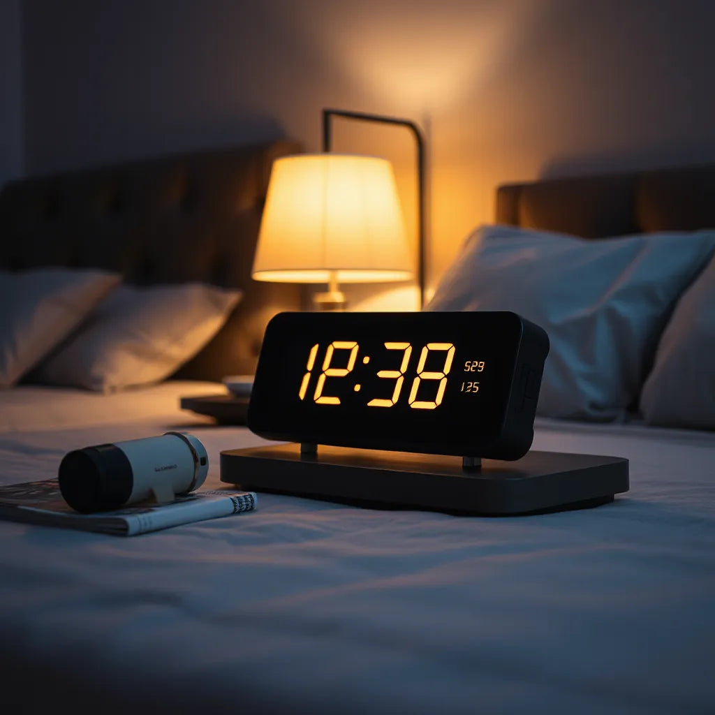 Sleek digital clock glowing on a bedside table in a modern bedroom at night