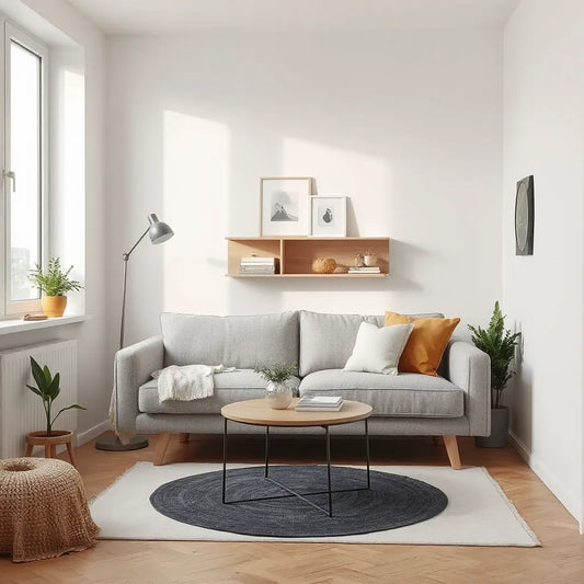 Small modern living room with compact furniture, wall shelves, and minimal decor in bright natural light