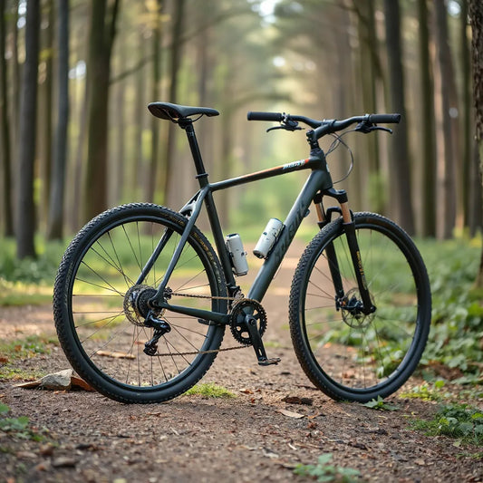 Double disc brake mountain bike with visible front and rear rotors on a forest trail