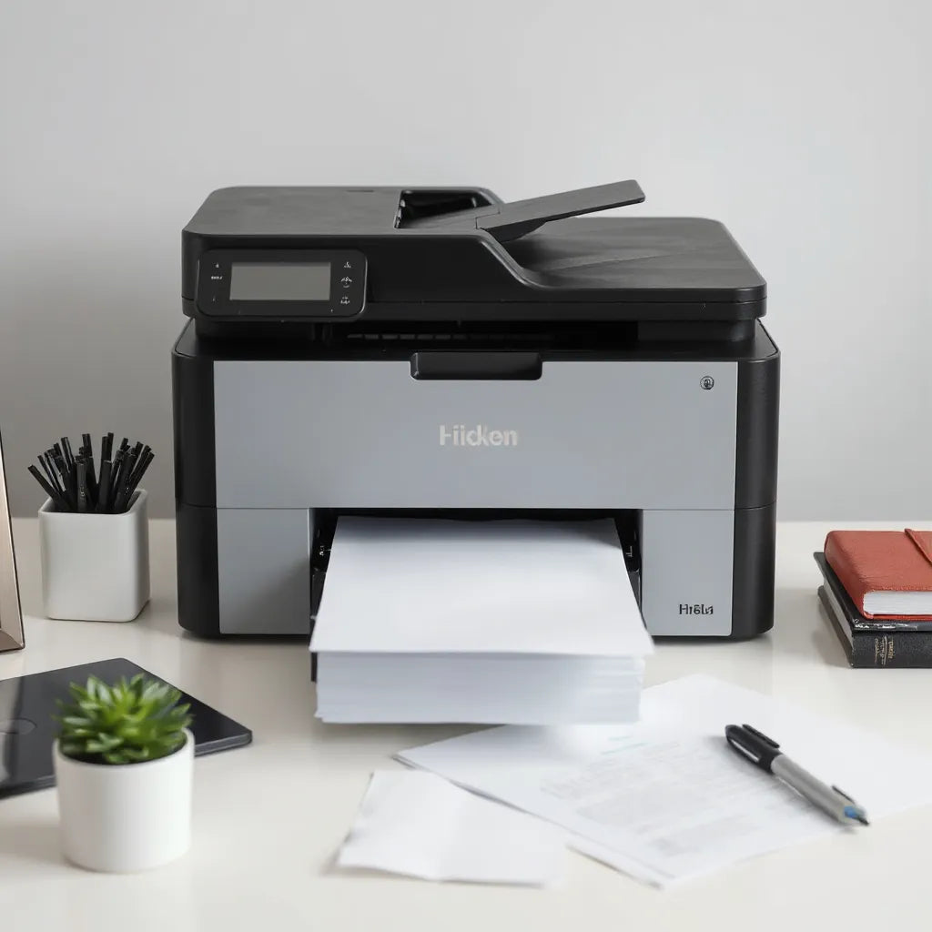 Modern office printer feeding out neatly stacked papers