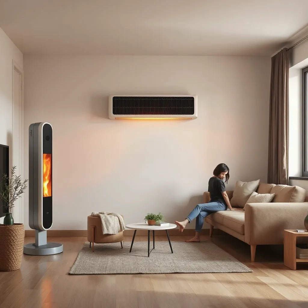 Heater with warm 360-degree heat distribution around a cozy living room seating area