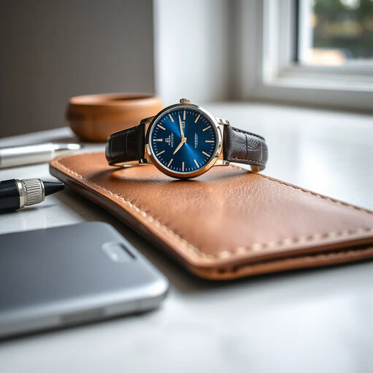 Elegant analog blue dial watch with polished case and slim hands on leather surface