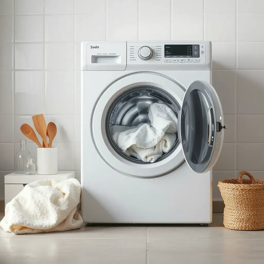 Front-loading washing machine with clean laundry and visible water droplets in a bright laundry room