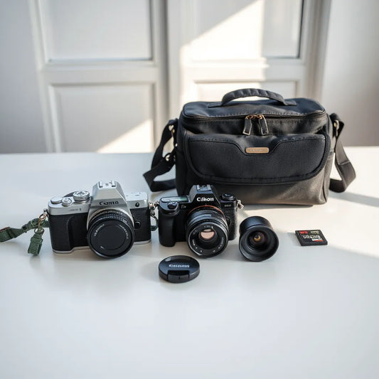 Two interchangeable-lens cameras on a desk with lenses and travel accessories