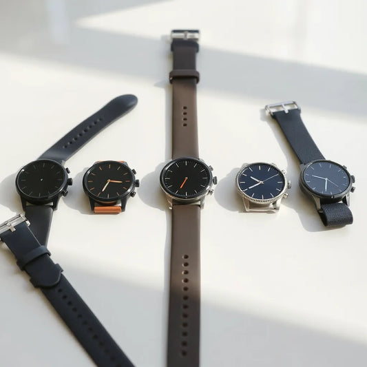 Multiple modern smartwatches with different straps displayed on a minimal tabletop