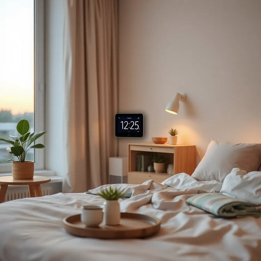 Smart home control clock displaying time with integrated home automation controls in a cozy modern room