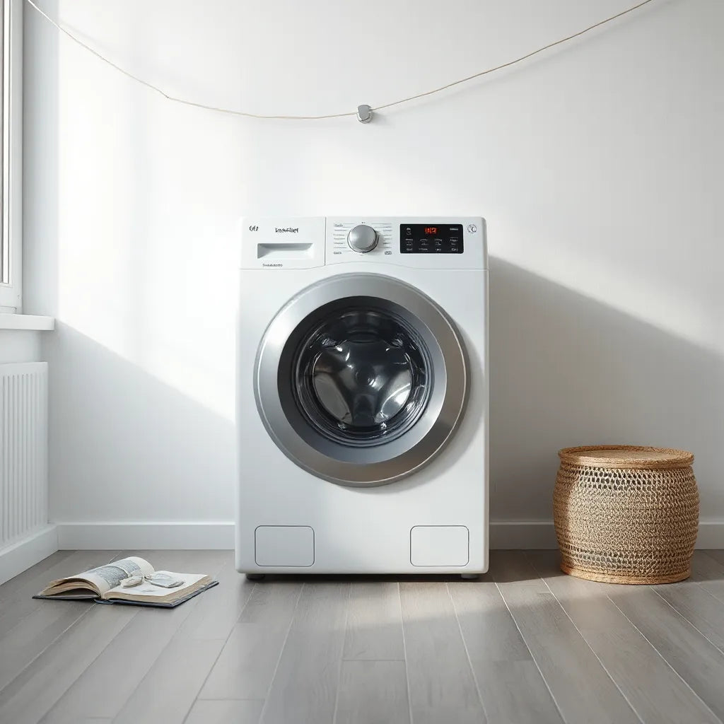 Front-loading washing machine in a modern laundry room with clean, bright lighting and an energy-efficiency glow