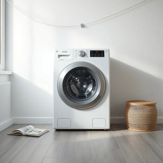 Front-loading washing machine in a modern laundry room with clean, bright lighting and an energy-efficiency glow