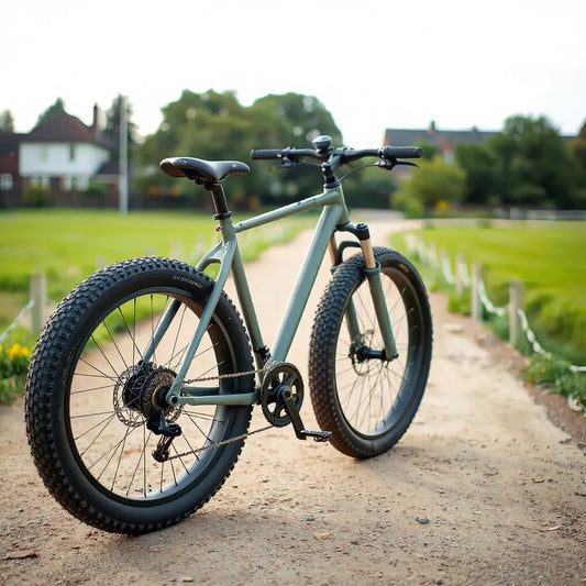 20 inch fat tyre bicycle with thick knobby tires on a quiet dirt path outdoors