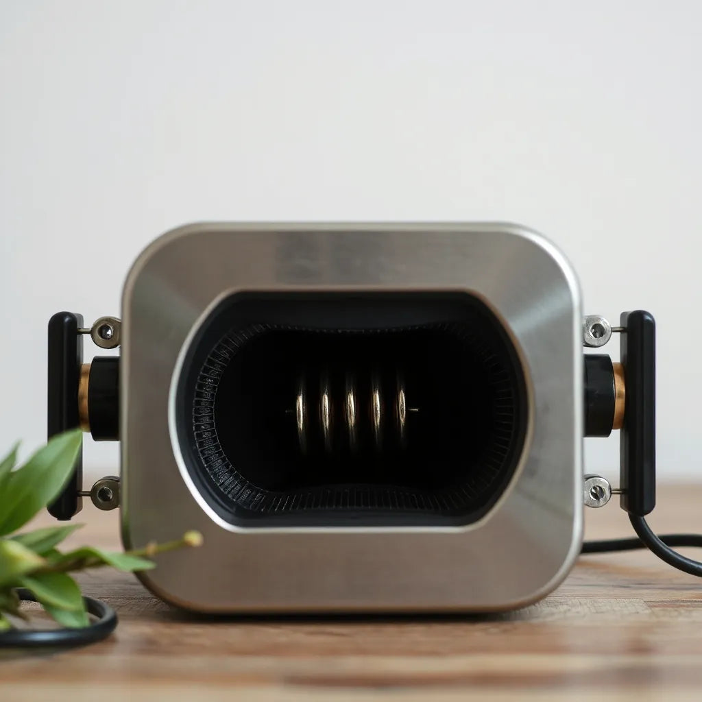Close-up of a heating element in a compact unit with clean metal housing and subtle glow