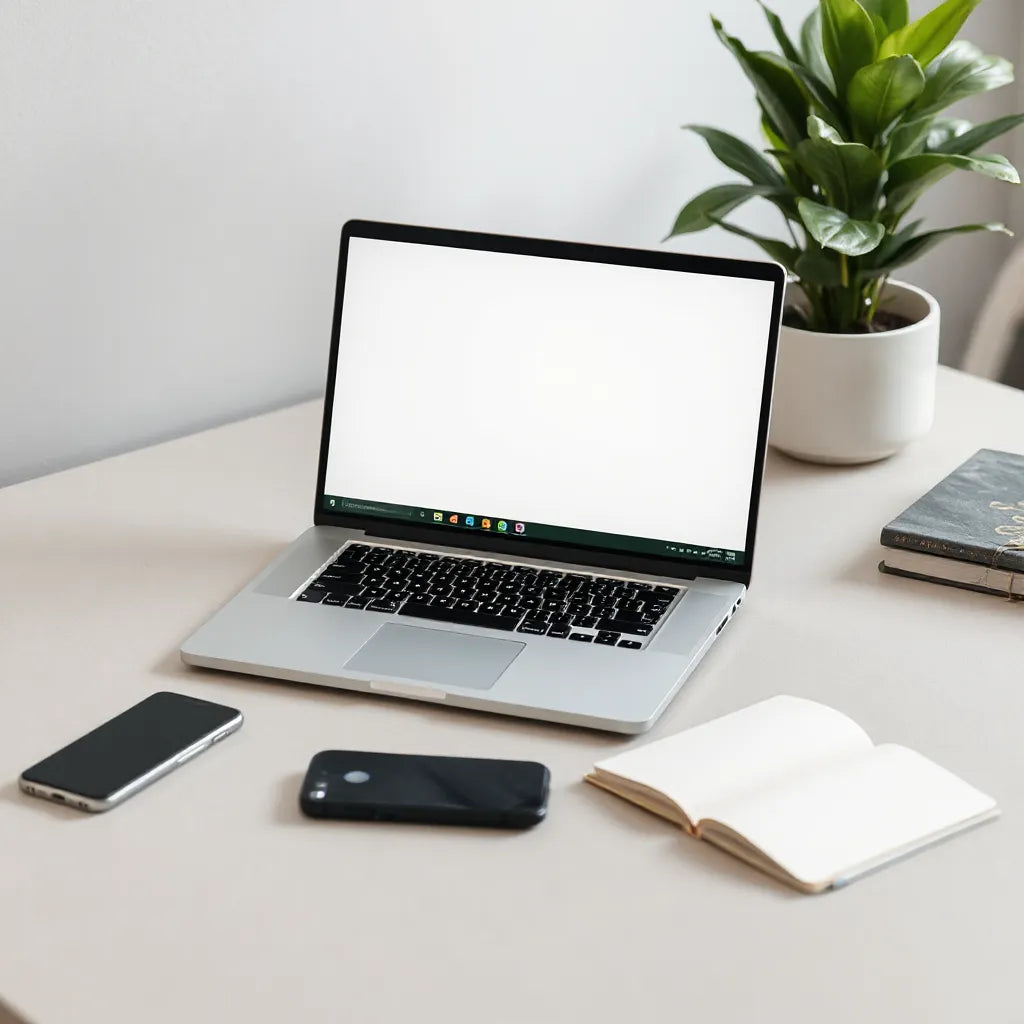 A sleek laptop on a desk with a smartphone nearby, representing chrome OS productivity for browsing and documents