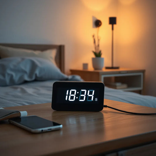 Minimal smart clock on a bedroom nightstand with a softly lit display and warm ambient lighting