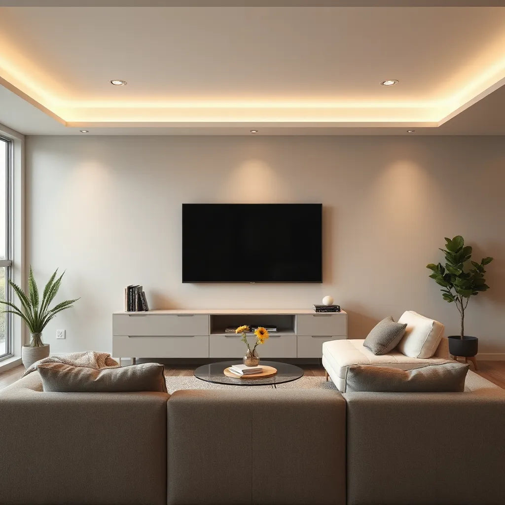 Large 65-inch TV in a modern living room with cinematic lighting and a comfortable viewing setup