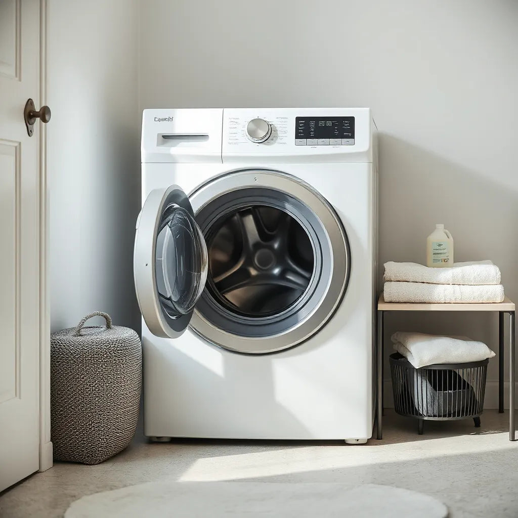 Modern front-loading washing machine with clean towels in a bright laundry room