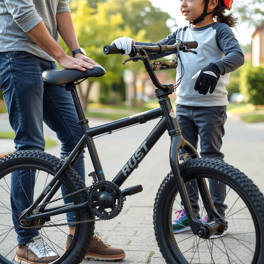 Parent adjusting a child’s BMX bike seat outdoors with helmet and gloves for safer riding.