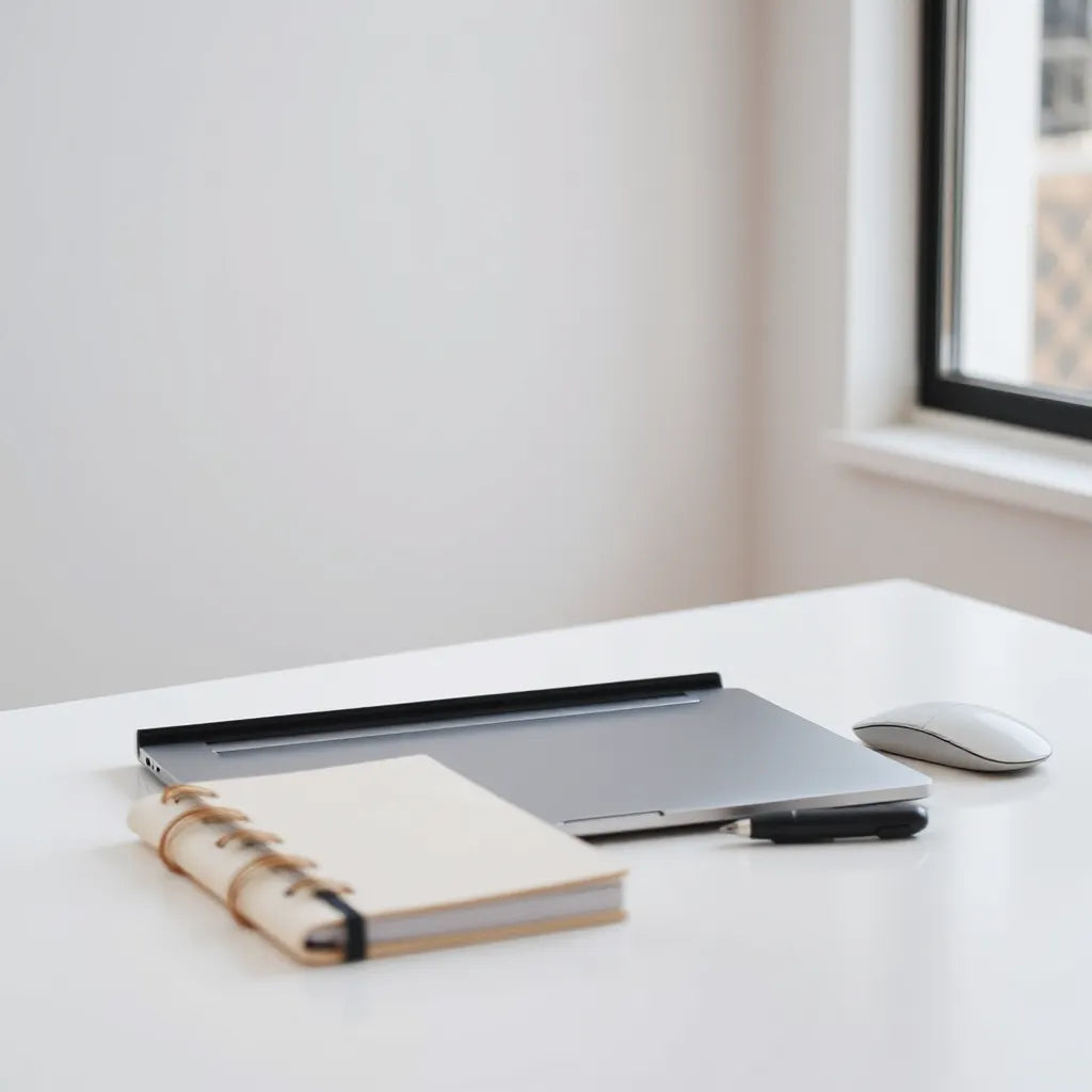 Slim laptop on a desk next to a notebook and mouse in a bright, minimal study setup