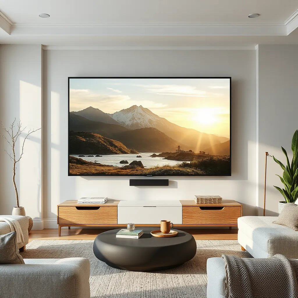 Wall-mounted TV in a modern living room with a neat lineup of display-ready televisions for comparison