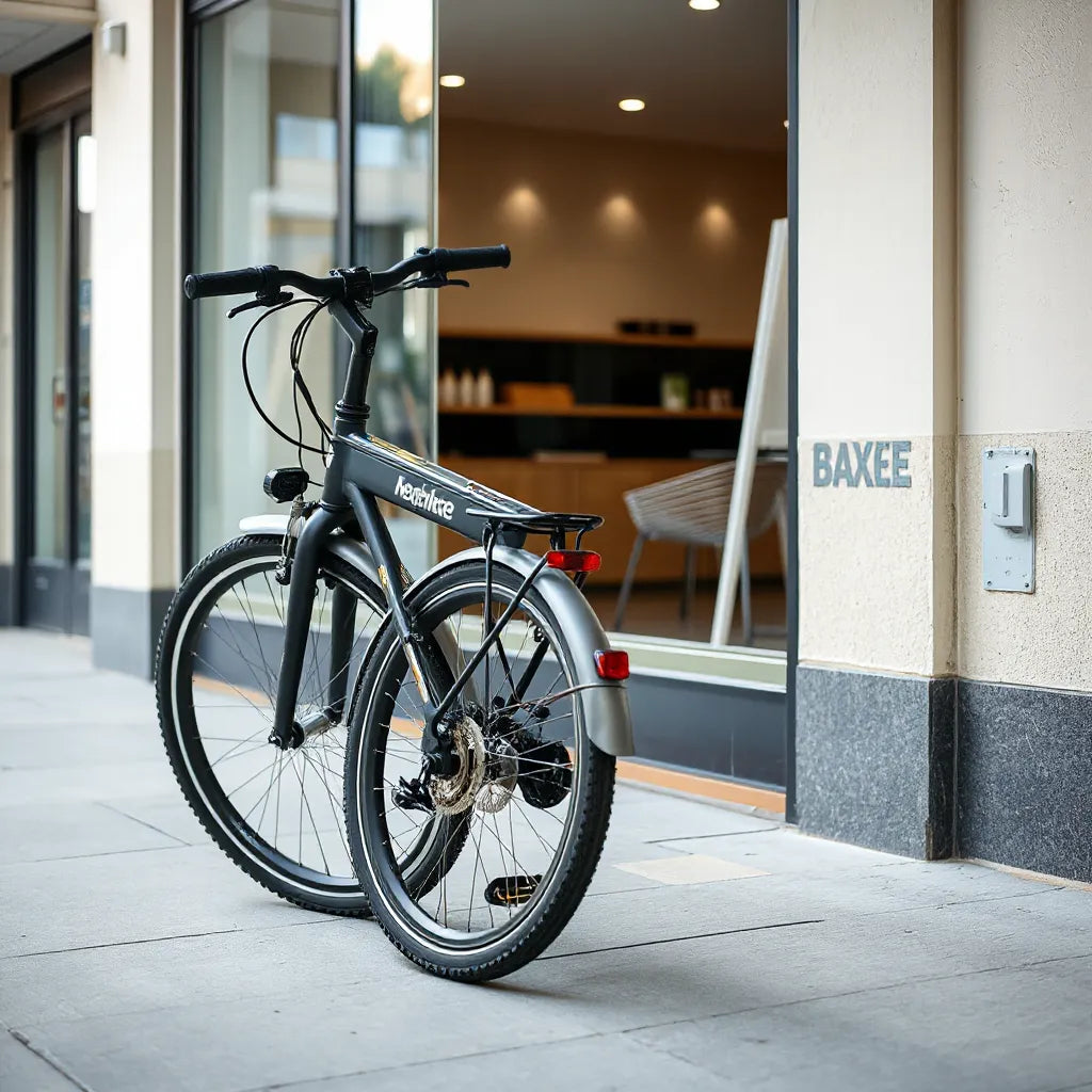 Foldable bike open on an urban sidewalk with daylight and a clean, minimal city background