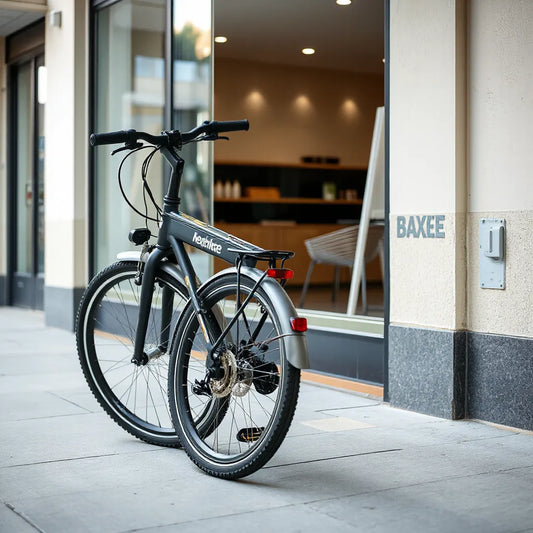 Foldable bike open on an urban sidewalk with daylight and a clean, minimal city background