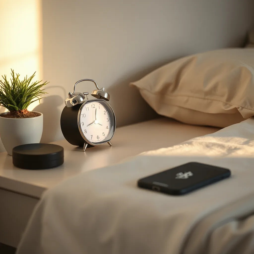 Bluetooth alarm clock on a bedside table with a smartphone nearby in soft morning light