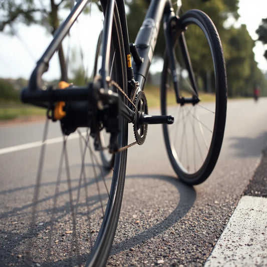 Fat bike tyres gripping a paved road surface, showing tread contact and traction for improved control