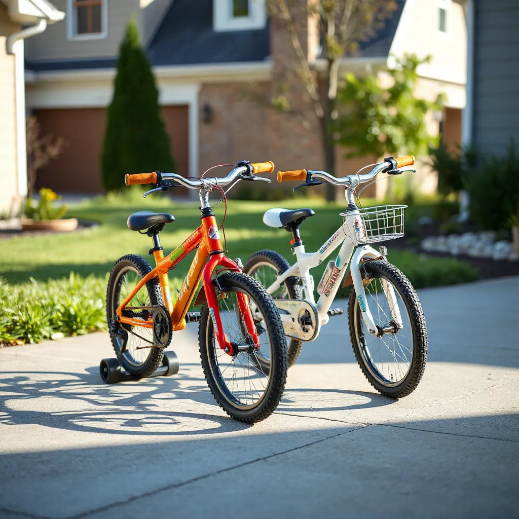 Two kid-sized bicycles on a driveway showing frames, handlebars, and safety reflectors