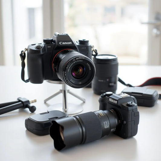 Mirrorless and DSLR cameras with lenses and a compact tripod on a clean tabletop under soft light