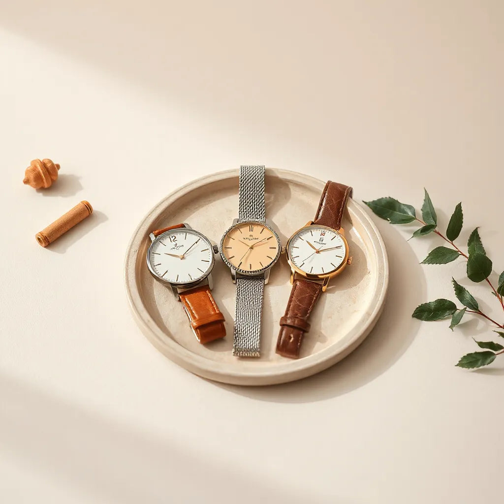 Elegant women’s wristwatches with refined dials on a neutral background with soft daylight