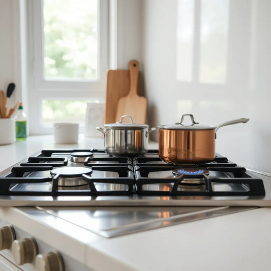 Medium pot and small saucepan simmering on a stove with separate burner sizes