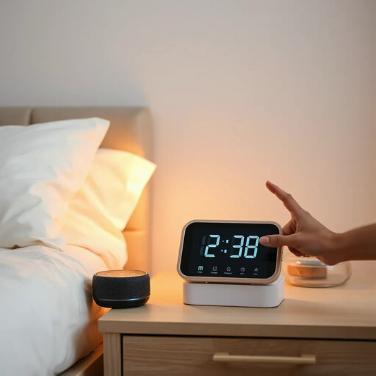 Modern voice-controlled clock on a nightstand with a hand gesturing as if giving a voice command
