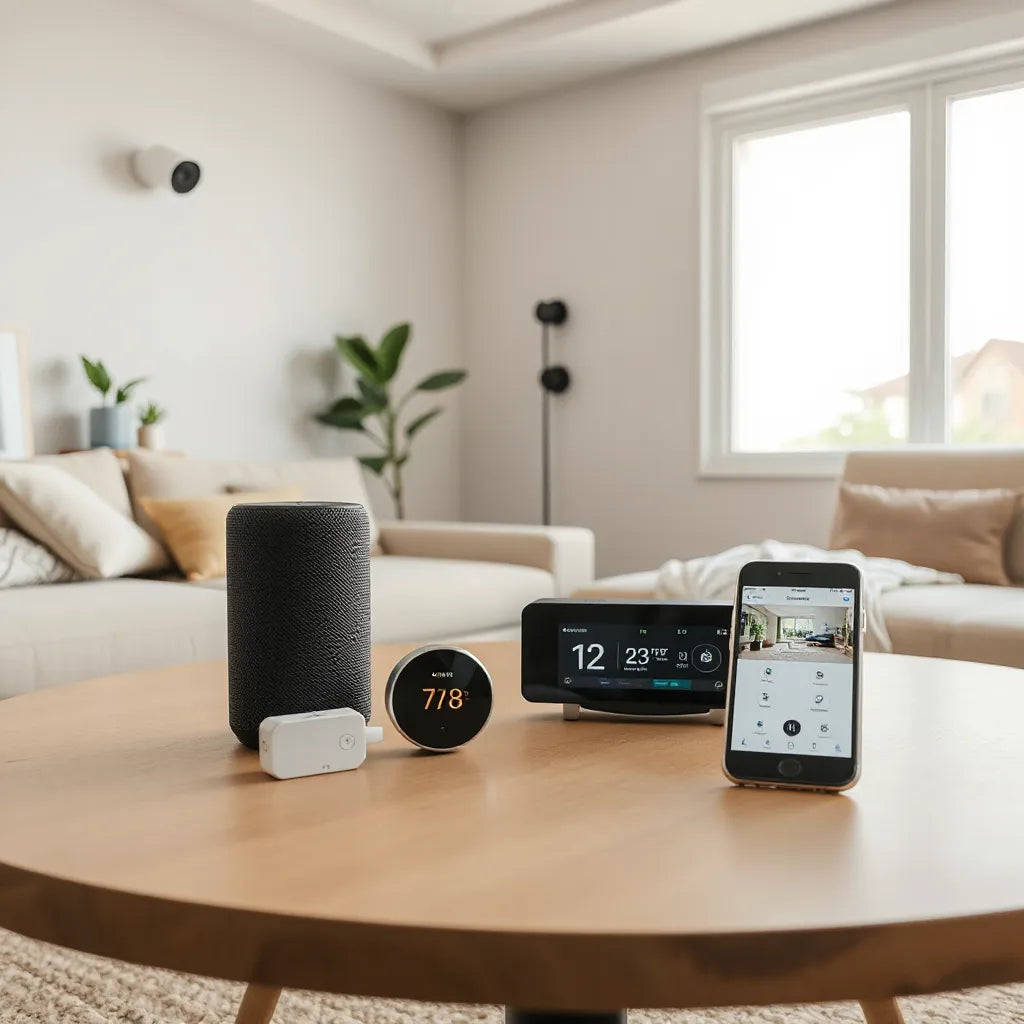 Smart speaker, thermostat, and smart plug arranged for an integrated home automation setup.