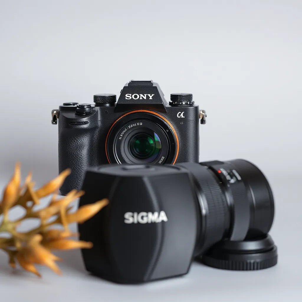 Sony mirrorless camera with a Sigma interchangeable lens on a clean studio background
