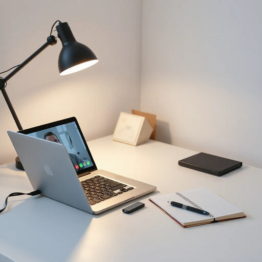 Student working on a budget laptop for an online class at a tidy desk with natural light