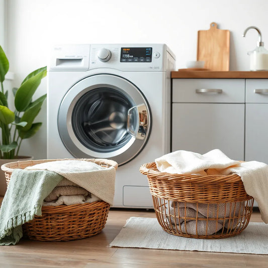 Modern automatic washing machine with neatly folded laundry and a clean laundry basket