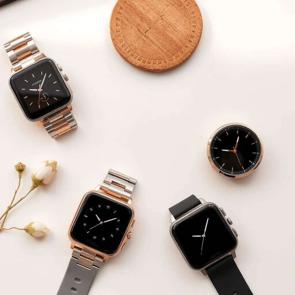 Stylish women’s digital watches with modern faces and sleek metal and silicone straps on a neutral background
