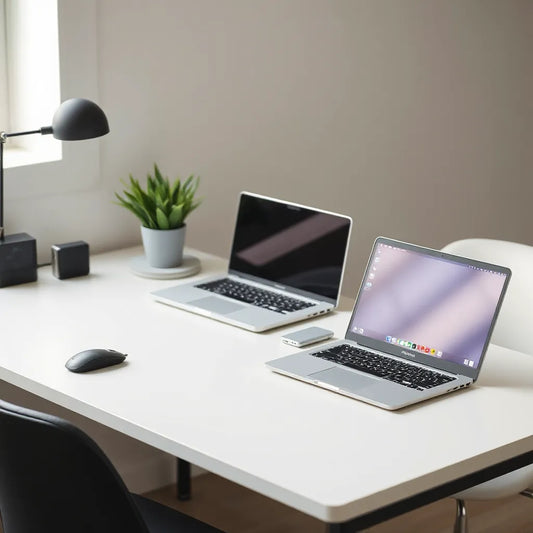 Affordable laptops on a clean desk with charger and compact accessories in soft natural light