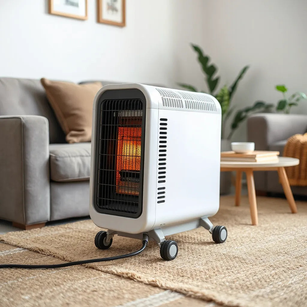 Portable space heater with retractable wheels in a modern living room setting