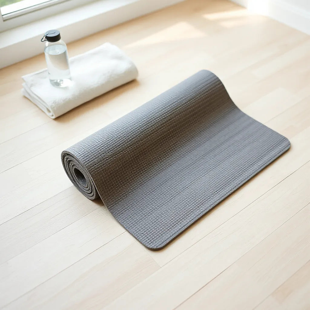 Textured non-slip yoga mat with extra grip on a light floor near yoga essentials