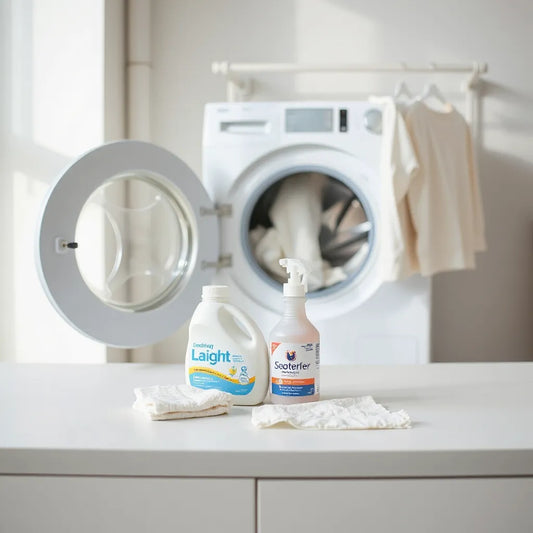 Neatly arranged laundry treatment supplies beside a washing machine with fresh clothes drying in soft daylight